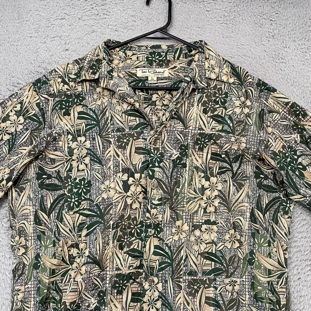 Tori Richard Camp Shirt Mens Large Green Floral Hawaiian Short Sleeve Button Up